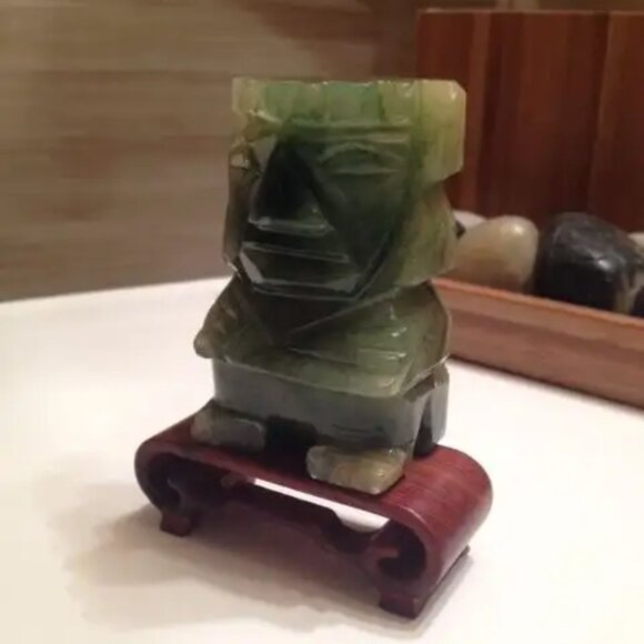 Antique Hand Carved 3" Jade Figurine on Rosewood Stand - Picture 1 of 5